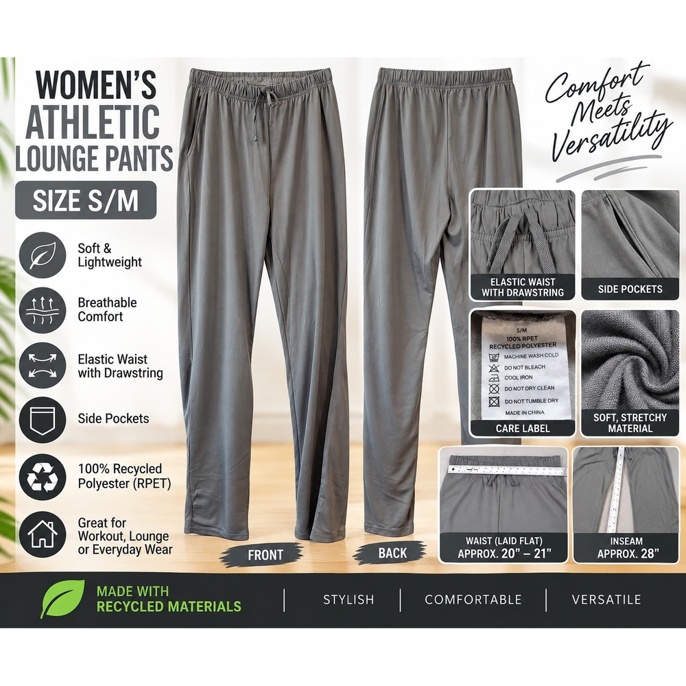 Womens Athletic Lounge Pants Gray Recycled Polyester S/M Elastic Waist Pockets